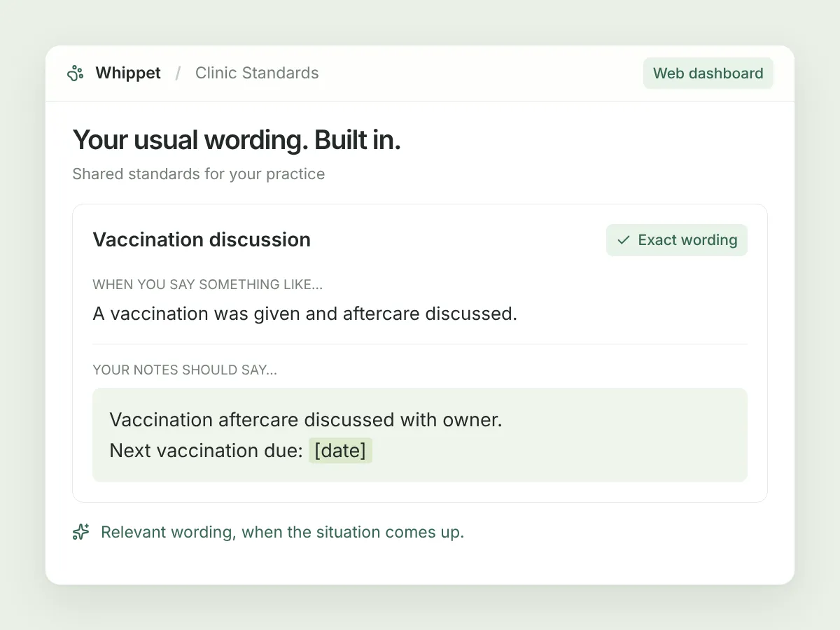 Illustrative Clinic Standard specifying when vaccination aftercare wording applies, with a date placeholder.