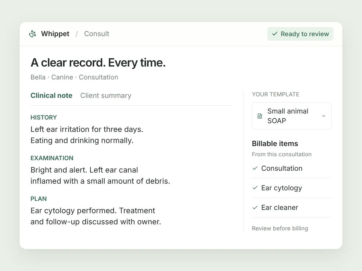 Illustration of Bella’s structured clinical note with the template and billable items alongside it.