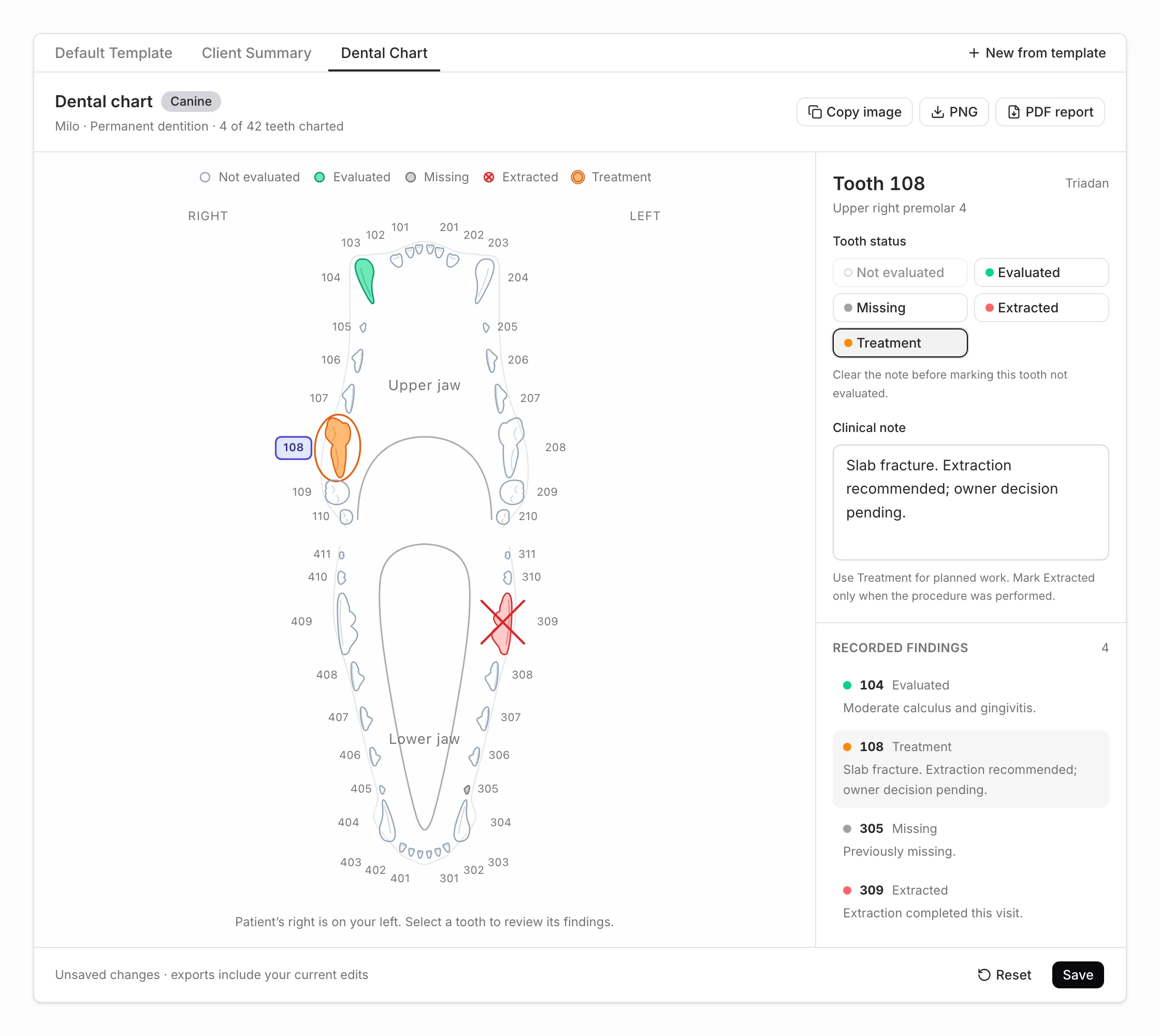 Tooth 108 selected with Treatment status, an editable clinical note, and Reset and Save controls below the chart