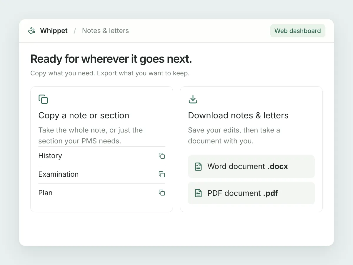 Illustration of copying individual note sections and downloading Word or PDF documents.