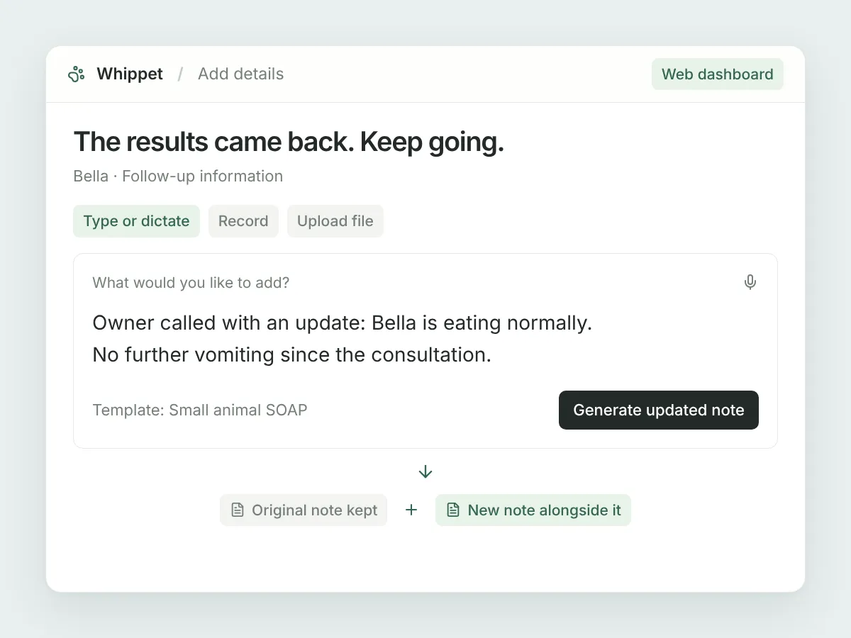 Illustrative Add details dialog with an owner’s update, keeping the original note and creating a new one.