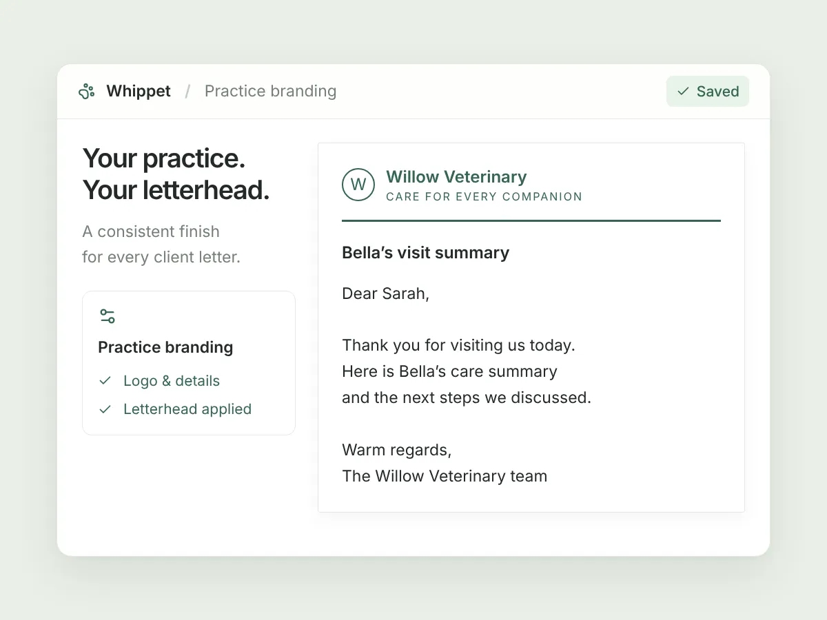 Illustration of a client summary on a fictional practice’s own letterhead, with saved branding settings.