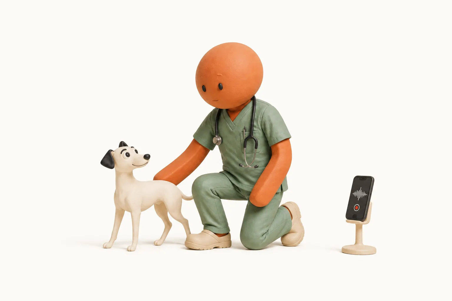 The vet attends to Whippet while a nearby phone records the consultation.