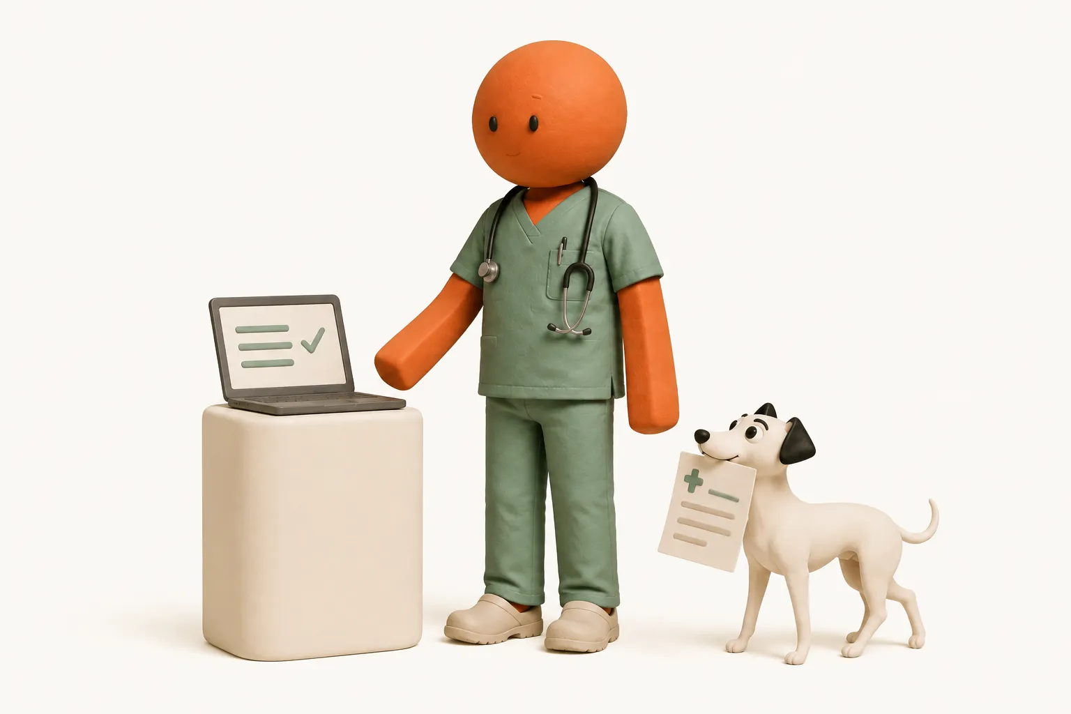 The vet reviews a note on a laptop while Whippet carries a clinical-note sheet beside them.