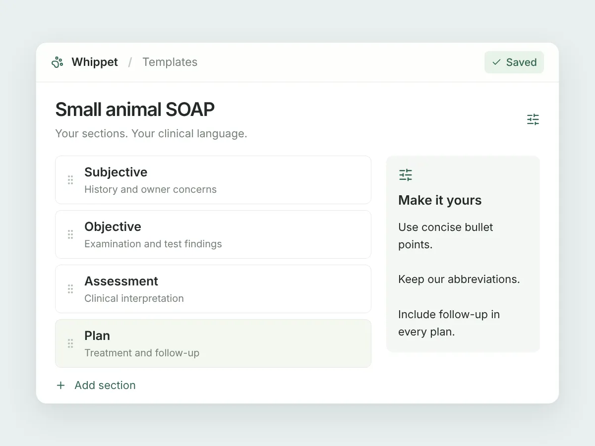 Illustration of a SOAP template with reorderable sections and practice-specific writing instructions.