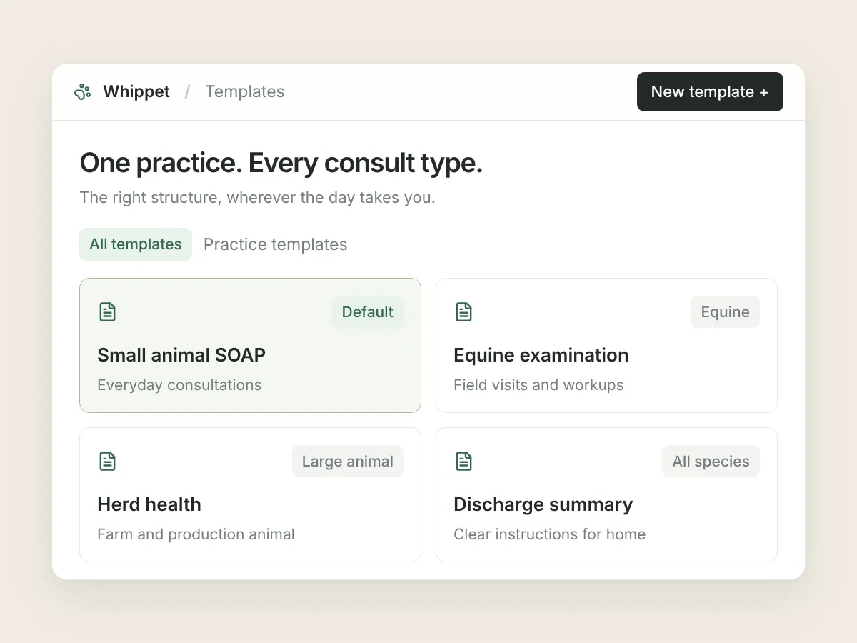 Illustration of a template library for small animal, equine, herd health and discharge consultations.